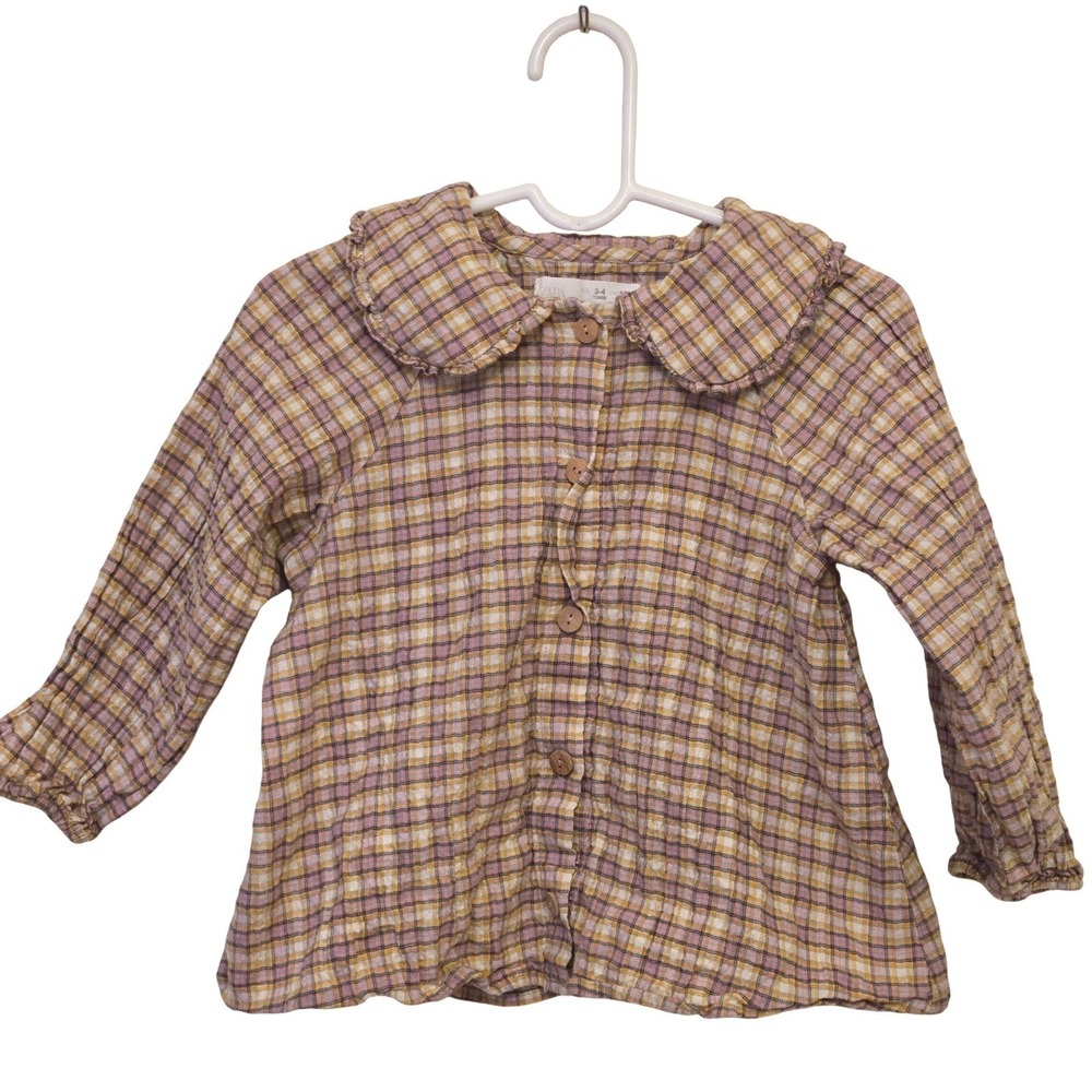 Zara Kids Girls Plaid Peter Pan Collar Blouse Pink Yellow Check Top Size 3-4 104